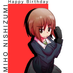 Rule 34 | 1girl, artist name, birthday, black gloves, blouse, blue jacket, brown eyes, brown hair, character name, closed mouth, commentary, english text, girls und panzer, glove pull, gloves, green shirt, grey skirt, happy birthday, highres, jacket, long sleeves, looking at viewer, military, military uniform, miniskirt, nishizumi miho, ooarai military uniform, outside border, pillarboxed, pleated skirt, red background, shirt, short hair, silhouette, skirt, smile, solo, standing, uko nishi, uniform