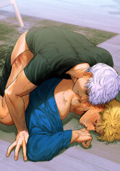 Rule 34 | 2boys, absurdres, anal, artist name, ass, bara, bite mark, black pants, black shirt, blonde hair, blue shirt, bottomless, clothes pull, fatcat, gojou satoru, highres, jujutsu kaisen, looking at another, male focus, male penetrated, multiple boys, muscular, muscular male, naked shirt, nanami kento, pants, pants pull, saliva, sex, sex from behind, shirt, short hair, smile, white hair, yaoi