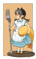 Rule 34 | 1girl, akai sashimi, apron, artist name, blue dress, blush, border, bow, braid, brown eyes, brown footwear, closed mouth, collared dress, creature, dress, food, fork, framed, frilled apron, frills, from side, full body, grey hair, hair bow, hair ornament, highres, holding, horns, light brown background, long hair, looking away, low twintails, maid apron, mary janes, original, outside border, oversized object, petticoat, pocket, pointy ears, profile, puffy short sleeves, puffy sleeves, shoes, short sleeves, shrimp, shrimp tempura, signature, simple background, sleeve cuffs, smile, socks, solo, striped, striped bow, tareme, tempura, twin braids, twintails, white apron, white border, wooden floor