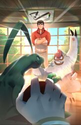 Rule 34 | 1boy, 1other, black hair, blurry, closed mouth, collared jacket, commentary, creatures (company), crossed arms, cyanroll, day, game freak, gen 3 pokemon, grovyle, holding, holding poke ball, indoors, jacket, male focus, nintendo, norman (pokemon), pants, poke ball, poke ball (basic), pokemon, pokemon (creature), pokemon oras, red jacket, shirt, short hair, smile, standing, vigoroth, window, wooden floor