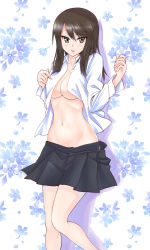 Rule 34 | 1girl, bad id, bad twitter id, black skirt, breasts, brown eyes, brown hair, cleavage, clothes pull, commentary, dress shirt, eno (mauritz stiller), floral background, girls und panzer, highres, long hair, long sleeves, looking at viewer, medium breasts, mika (girls und panzer), navel, no bra, no headwear, no panties, open clothes, open shirt, open skirt, parted lips, shadow, shirt, skirt, skirt pull, solo, standing, white shirt
