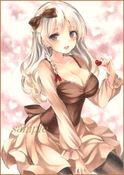Rule 34 | 1girl, bad id, bad pixiv id, black pantyhose, blush, bow, breasts, brown bow, brown shirt, cleavage, collarbone, colored pencil (medium), food, grey eyes, grey hair, hair bow, heart-shaped food, holding, holding food, large breasts, long hair, long sleeves, looking at viewer, marker (medium), open mouth, original, pantyhose, potto, sample watermark, shirt, sitting, smile, solo, spread legs, traditional media, watermark