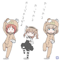 Rule 34 | 10s, 3girls, :d, adachi fumio, alternate costume, animal costume, arm up, bandaged arm, bandages, bear costume, blue eyes, blush, boko (girls und panzer), boko (girls und panzer) (cosplay), bow, bowtie, brown eyes, brown hair, commentary request, cosplay, full body, girls und panzer, hair ribbon, hairband, itsumi erika, leg up, long hair, long sleeves, looking at viewer, multiple girls, nishizumi miho, open mouth, pantyhose, ribbon, shimada arisu, short hair, side ponytail, smile, standing, standing on one leg, striped clothes, striped legwear, striped pantyhose, sweatdrop, translation request, triangle mouth