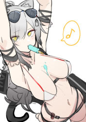 Rule 34 | 1girl, arknights, armpits, arms up, bikini, breasts, commentary, eighth note, eyewear on head, food, food in mouth, hjl (15623862639), large breasts, mouth hold, musical note, navel, popsicle, schwarz (arknights), silver hair, simple background, solo, stomach, sunglasses, swimsuit, white background, yellow eyes
