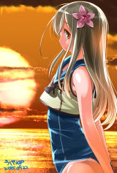 Rule 34 | 10s, 1girl, blonde hair, blue eyes, crop top, dated, flower, hair flower, hair ornament, highres, kantai collection, long hair, one-piece swimsuit, ro-500 (kancolle), sailor collar, school swimsuit, solo, sunset, swimsuit, swimsuit under clothes, tan, tanline, ugeppa