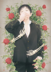 Rule 34 | 1boy, black hair, bone, bush, covering own mouth, crying, decay, facing viewer, flower, gakuran, grey background, hand on another&#039;s chest, hand on another&#039;s hip, hand over own mouth, hug, hug from behind, jacket, leaf, looking at viewer, male focus, open clothes, open jacket, original, plant, re:i, realistic, rose, rotting, school uniform, signature, skeletal arm, solo focus, tears, vines