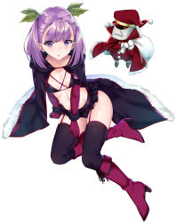 Rule 34 | 1girl, :o, automaton (object), black thighhighs, boots, breasts, cape, collarbone, colonel olcott (fate), doll, fate/grand order, fate (series), fur trim, garter straps, hat, helena blavatsky (fate), highres, looking at viewer, mistletoe, nishimi shin, purple eyes, purple hair, sack, santa costume, santa hat, short hair, small breasts, solo, thighhighs
