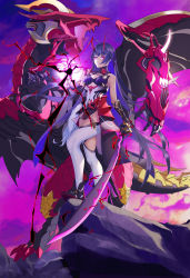 Rule 34 | 1girl, absurdres, armor, bare shoulders, benares (honkai impact), closed mouth, dragon, electricity, full body, gauntlets, highres, holding, holding sword, holding weapon, honkai (series), honkai impact 3rd, horns, japanese armor, katana, long hair, looking at viewer, mikuandalice, outdoors, purple eyes, purple hair, purple sky, raiden mei, raiden mei (herrscher of thunder), sky, solo, standing, sword, thighhighs, weapon, white thighhighs