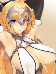 Rule 34 | 1girl, alternate costume, armor, armpits, arms up, bad id, bad pixiv id, bdsm, blonde hair, blue eyes, blush, bondage, bound, bound arms, breasts, chain, cleavage, elbow gloves, fate/apocrypha, fate/grand order, fate (series), female focus, fur trim, gloves, jeanne d&#039;arc (fate), jeanne d&#039;arc (ruler) (fate), jeanne d&#039;arc (third ascension) (fate), kurowa, large breasts, long hair, looking at viewer, see-through, solo, sweat