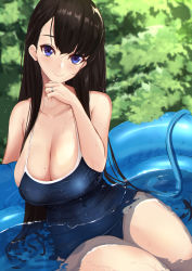 Rule 34 | 1girl, bare shoulders, black hair, blue eyes, blue one-piece swimsuit, blush, breasts, cleavage, collarbone, competition school swimsuit, highres, hose, large breasts, long hair, looking at viewer, mole, mole on breast, mole under eye, one-piece swimsuit, original, school swimsuit, smile, solo, swimsuit, thighs, untue, wading pool, water