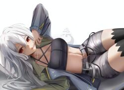 Rule 34 | 1girl, arknights, bandeau, breasts, commentary request, g11 and bang, grey jacket, grey shorts, highres, jacket, long hair, long sleeves, looking at viewer, lying, medium breasts, midriff, navel, official alternate costume, open clothes, open fly, open jacket, parted lips, red eyes, short shorts, shorts, skadi (arknights), skadi (the next afternoon tea) (arknights), solo, stomach, thighs, very long hair, white background, white hair