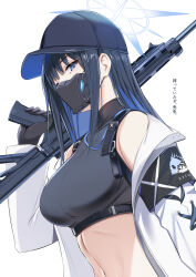 Rule 34 | 1girl, absurdres, baseball cap, bee doushi, black gloves, black hair, black hat, black mask, black shirt, blue archive, blue eyes, blue hair, blue halo, breasts, coat, colored inner hair, gloves, gun, halo, hat, highres, holding, holding gun, holding weapon, long hair, long sleeves, looking at viewer, mask, medium breasts, mouth mask, multicolored hair, navel, open clothes, open coat, saori (blue archive), shirt, simple background, sleeveless, sleeveless shirt, solo, upper body, weapon, white background, white coat