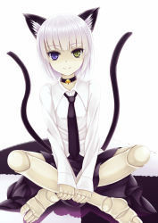 Rule 34 | 1girl, animal ears, bad id, bad pixiv id, bell, black necktie, cat ears, cat tail, doll joints, green eyes, heterochromia, highres, joints, kitou kaitai, multiple tails, necktie, original, purple eyes, short hair, simple background, sitting, smile, solo, tail, white background