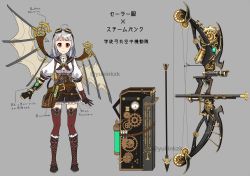 Rule 34 | 1girl, ahoge, asymmetrical gloves, binoculars, black footwear, black gloves, black sailor collar, black shorts, boots, bow (weapon), breasts, brown thighhighs, brown wings, center frills, closed mouth, compound bow, cross-laced footwear, frilled boots, frilled footwear, frilled shorts, frills, gloves, goggles, goggles on head, grey background, grey hair, highres, lace-up boots, long hair, looking at viewer, medium breasts, mismatched gloves, nekozuki yuki, original, partially fingerless gloves, pleated shorts, puffy short sleeves, puffy sleeves, red eyes, sailor collar, school uniform, serafuku, shirt, short sleeves, shorts, simple background, smile, solo, steampunk, thighhighs, thighhighs under boots, translation request, twitter username, weapon, white shirt, wings