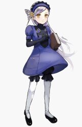 Rule 34 | 1girl, black bloomers, black footwear, black gloves, bloomers, blue dress, blue hairband, book, butterfly hair ornament, dress, elbow gloves, expressionless, full body, gloves, grey background, grey hair, hair ornament, hairband, highres, holding, holding book, lavenza (persona 5), long hair, looking at viewer, pantyhose, persona, persona 5, pppppknw, shoes, short sleeves, simple background, solo, standing, swept bangs, underwear, very long hair, white pantyhose, yellow eyes