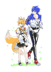 Rule 34 | 2boys, animal ears, arms behind back, banri 0917, black pants, black shorts, blonde hair, blue eyes, blue hair, blue jacket, closed mouth, commentary request, fox boy, fox ears, fox tail, full body, gloves, green eyes, hands in pockets, humanization, jacket, korean commentary, male focus, multiple boys, multiple tails, open clothes, open jacket, pants, red footwear, sailor collar, shirt, shoes, short hair, short sleeves, shorts, simple background, sonic (series), sonic the hedgehog, standing, tail, tails (sonic), two tails, walking, white background, white gloves, white shirt, yellow sailor collar