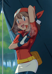 Rule 34 | 1girl, arm up, armpits, bandana, bike shorts, bike shorts under shorts, blue eyes, blurry, blurry background, blush, breasts, brown hair, clothes grab, commentary, creatures (company), embarrassed, eyelashes, fanny pack, game freak, gloves, hair between eyes, highres, looking at viewer, may (pokemon), medium breasts, miraa (chikurin), nervous smile, nintendo, open mouth, outdoors, pokemon, pokemon rse, presenting armpit, red bandana, red shirt, shirt, short sleeves, shorts, sidelocks, sleeve grab, smile, solo, steam, steaming body, sweat, sweat stain, tent, tree