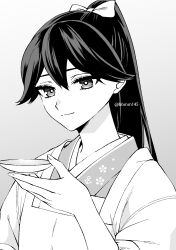 Rule 34 | 1girl, anchor print, apron, bow, floral print, greyscale, hair between eyes, hair bow, highres, holding, houshou (kancolle), japanese clothes, kantai collection, kappougi, kimono, long hair, looking at viewer, machi (ritovoyage), monochrome, ponytail, simple background, solo, twitter username, upper body