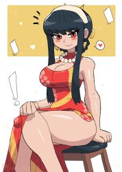 Rule 34 | !, 1girl, absurdres, arm support, black hair, blush, breasts, china dress, chinese clothes, cleavage, cleavage cutout, clothing cutout, crossed legs, dress, floral print, hairband, heart, highres, jewelry, large breasts, looking at viewer, necklace, pearl necklace, print dress, red dress, red eyes, short hair, side slit, sidelocks, sitting, sleeveless, sleeveless dress, smile, sparkle, speech bubble, spoken heart, spy x family, stool, thick thighs, thighs, tony welt, white background, yor briar