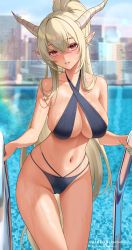 Rule 34 | 1girl, alternate costume, arknights, bare arms, bare shoulders, bikini, blonde hair, blue bikini, blurry, blurry background, blush, breasts, collarbone, cowboy shot, crossed bangs, green nails, highres, horns, large breasts, looking at viewer, nail polish, navel, outdoors, pantheon eve, parted lips, patreon username, pointy ears, ponytail, pool, red eyes, shining (arknights), sideboob, solo, swimsuit, thighs, wet