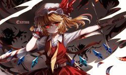 Rule 34 | 1girl, absurdres, adapted costume, belt, belt buckle, blonde hair, blood, bloody weapon, breasts, brown belt, buckle, collared shirt, cowboy shot, dress shirt, flandre scarlet, glowing, glowing eyes, grey background, hand in own hair, hat, hat ribbon, highres, holding, holding sword, holding weapon, looking at viewer, medium hair, mob cap, multicolored wings, necktie, red eyes, red ribbon, red skirt, red vest, ribbon, shirt, short sleeves, side ponytail, skirt, small breasts, solo, sword, top-exerou, touhou, vest, weapon, white hat, white shirt, wings, wrist cuffs, yellow necktie