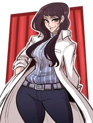 Rule 34 | 1girl, absurdres, belt, brown eyes, brown hair, coat, denim, earrings, grin, highres, ichinose kuon, jeans, jewelry, long hair, pants, persona, persona 5, persona 5 scramble: the phantom strikers, scruffyturtles, shirt, smile, striped clothes, striped shirt, thick thighs, thighs, wide hips