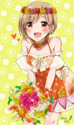 Rule 34 | 1girl, aiba yumi, bare shoulders, blonde hair, blush, bouquet, bow, bowtie, breasts, brown eyes, cleavage, collarbone, cowboy shot, detached sleeves, dot nose, dress, floral background, floral print, flower, flower wreath, frilled dress, frills, gen (enji), heart, holding, holding bouquet, idolmaster, idolmaster cinderella girls, idolmaster cinderella girls starlight stage, layered dress, leaning forward, looking at viewer, medium breasts, open mouth, print dress, red dress, ribbon-trimmed sleeves, ribbon trim, see-through, see-through sleeves, short hair, sleeveless, sleeveless dress, smile, solo, standing, twitter username, yellow background, yellow bow, yellow bowtie
