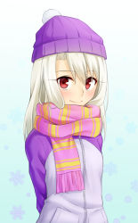 Rule 34 | 1girl, alternate costume, arms behind back, blue background, blush, cardigan, closed mouth, fate/stay night, fate (series), gradient background, gyatto624, hair between eyes, hat, illyasviel von einzbern, long hair, long sleeves, looking at viewer, pink sweater, purple hat, purple sleeves, red eyes, scarf, silver hair, smile, solo, standing, striped clothes, striped scarf, sweater, upper body, white background, white cardigan