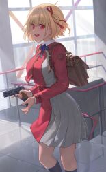 Rule 34 | 1girl, :d, absurdres, backpack, bag, blonde hair, blue ribbon, bob cut, breasts, brown bag, free style (yohan1754), gun, hair ribbon, handgun, highres, holding, holding gun, holding weapon, looking at viewer, lycoris recoil, lycoris uniform, medium breasts, neck ribbon, nishikigi chisato, one side up, open mouth, pleated skirt, railing, red eyes, reloading, ribbon, skirt, smile, solo, weapon