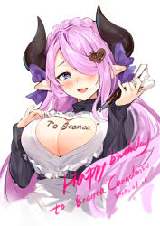 Rule 34 | 1girl, absurdres, black horns, blue eyes, breasts, chinese commentary, chocolate, chocolate on body, chocolate on breasts, cleavage cutout, clothing cutout, commentary request, draph, food on body, granblue fantasy, hair ornament, hair over one eye, happy birthday, heart, heart-shaped pupils, heart cutout, heart hair ornament, highres, horns, iiiroha, large breasts, long sleeves, looking at viewer, narmaya (granblue fantasy), narmaya (valentine) (granblue fantasy), open mouth, pink hair, pointy ears, silver hair, smile, solo, symbol-shaped pupils, teeth, upper teeth only, white background