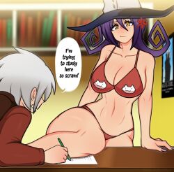 Rule 34 | 1boy, 1girl, :3, between breasts, bikini, blair (soul eater), breasts, english text, flipped hair, hat, hetero, large breasts, long hair, looking at another, open mouth, purple hair, red bikini, scocks4you, shiny skin, short hair, sitting, soul eater, soul evans, swimsuit, wide hips, witch hat