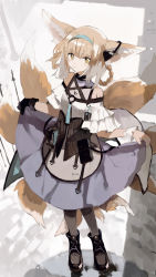 Rule 34 | 1girl, animal ears, arknights, bad id, bad pixiv id, bare shoulders, belt, black corset, black footwear, black gloves, black pantyhose, blonde hair, blue headband, blush, boots, closed mouth, clothing cutout, commentary, corset, cowboy shot, earpiece, fox ears, fox girl, fox tail, frilled sleeves, frills, gloves, hair rings, headband, highres, holding, holding clothes, holding skirt, id card, kitsune, kyuubi, looking at viewer, material growth, medium hair, multiple tails, oripathy lesion (arknights), pantyhose, purple skirt, qtonagi, shirt, short sleeves, shoulder cutout, single glove, single wrist cuff, skirt, smile, solo, suzuran (arknights), tail, white shirt, wide sleeves, wrist cuffs, yellow eyes
