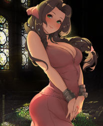Rule 34 | 1girl, aerith gainsborough, black choker, bow, bracelet, breasts, brown hair, buttons, choker, church, cleavage, commentary, dress, english commentary, final fantasy, final fantasy vii, final fantasy vii remake, fingernails, flower, green eyes, hair bow, hair flower, hair ornament, hair scrunchie, highres, indoors, jewelry, large breasts, light smile, lips, long dress, long hair, low-tied long hair, pink bow, pink dress, pink scrunchie, plunging neckline, ribbon choker, scrunchie, sleeveless, sleeveless dress, snortzog, solo, square enix, tri drills, v arms