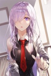 Rule 34 | 1girl, alternate hair length, alternate hairstyle, artist name, breasts, fate/grand order, fate (series), hair over one eye, hand up, hood, hoodie, indoors, kim eb, large breasts, long hair, looking at viewer, mash kyrielight, necktie, open clothes, open hoodie, parted lips, purple eyes, purple hair, red necktie, shade, solo, twitter username, upper body