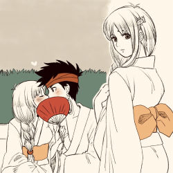 Rule 34 | 1boy, 1girl, arc the lad ii, braid, breasts, commentary request, elc (arc the lad), hair over shoulder, japanese clothes, kimono, lieza (arc the lad), long hair, looking at viewer, low-tied long hair, marusa (marugorikun), single braid
