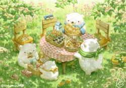 Rule 34 | baguette, bear, bird, black eyes, blush, bow, bowtie, bread, chair, day, food, fork, grass, looking at another, no humans, original, outdoors, picnic, picnic basket, polar bear, red bow, red neckwear, scenery, st.kuma, tree
