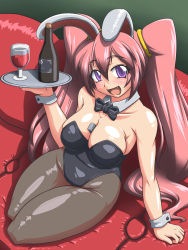 Rule 34 | 1girl, absurdres, alcohol, animal ears, between breasts, bottle, breasts, chalice, cleavage, couch, cup, fake animal ears, fang, highres, large breasts, leotard, lighter, long hair, original, pantyhose, pink hair, playboy bunny, purple eyes, rabbit ears, solo, taro, thick thighs, thighs, tray, twintails, wine