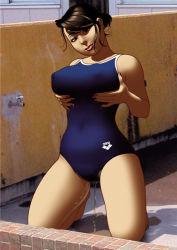 Rule 34 | 1girl, barefoot, blue one-piece swimsuit, grabbing another&#039;s breast, breasts, brown hair, earrings, female focus, grabbing, jewelry, kneeling, large breasts, looking at viewer, munio world, one-piece swimsuit, outdoors, peeing, peeing self, ponytail, puddle, short hair, solo, swimsuit