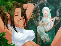 Rule 34 | 2girls, arms behind head, blue hair, breasts, brown hair, closed eyes, elf, female focus, forest, hammock, hechikanism, instrument, jewelry, lute (instrument), multiple girls, music, nature, necklace, open mouth, plant, pointy ears, robe, singing, sleeping, smile, vines