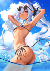 Rule 34 | 1girl, absurdres, armpits, ass, bikini, black bikini, blue archive, blue sky, blurry, bokeh, closed mouth, cloud, commentary, dark-skinned female, dark skin, depth of field, dot mouth, eyelashes, eyewear on head, grey halo, halo, highres, iori (blue archive), iori (swimsuit) (blue archive), light rays, pointy ears, red eyes, sakurahuji-iro, sky, solo, swimsuit, tail, twintails, water, wet, white hair