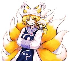 Rule 34 | 1girl, absurdres, blonde hair, closed mouth, commentary, dress, fox girl, fox tail, fumo (doll), hands in opposite sleeves, hat, highres, kitsune, long sleeves, looking at viewer, mob cap, multiple tails, natucurage, short hair, simple background, solo, tabard, tail, touhou, twitter username, white background, white dress, white hat, yakumo ran, yellow eyes