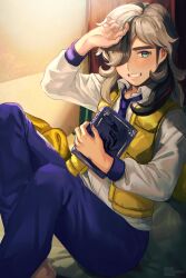 Rule 34 | 1boy, absurdres, arm up, arven (pokemon), asada sadao, blush, book, boots, brown footwear, brown hair, collared shirt, commentary request, creatures (company), eyelashes, game freak, green eyes, grin, hair over one eye, highres, holding, holding book, long hair, male focus, necktie, nintendo, open clothes, open vest, pants, pokemon, pokemon sv, purple necktie, purple pants, shirt, sitting, smile, solo, teeth, vest, yellow vest