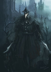 Rule 34 | 1girl, artist name, bare tree, belt, black belt, black capelet, black footwear, black hat, blade of mercy, bloodborne, boots, buttons, capelet, cloak, coat, copyright name, eileen the crow, facing viewer, feather-trimmed coat, hat, highres, holding, holding weapon, long coat, long sleeves, mask, night, outdoors, plague doctor mask, solo, standing, sword, tree, tripdancer, weapon