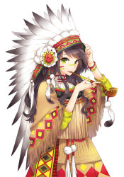 Rule 34 | 1girl, bodypaint, bracelet, brown hair, feathers, flower, fringe trim, green eyes, headdress, holding, holding smoking pipe, jewelry, long hair, nardack, native american, native american headdress, open mouth, original, ring, simple background, skirt, smoking pipe, solo, squaw, teeth, upper teeth only, white background, white feathers