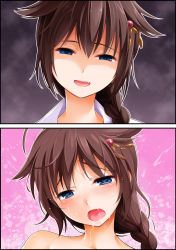 Rule 34 | 10s, 1girl, absurdres, before and after, blue eyes, blush, braid, brown hair, commentary request, empty eyes, fang, gesugao, hair flaps, hair ornament, hair over shoulder, heart, heart-shaped pupils, highres, instant loss, into-rain, kantai collection, open mouth, remodel (kantai collection), shigure (kancolle), single braid, symbol-shaped pupils, torogao, umakuchi shouyu (into-rain), yandere