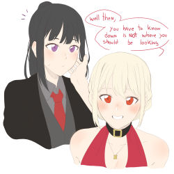 Rule 34 | 2girls, absurdres, black hair, black suit, blonde hair, blush, closed mouth, cropped torso, dancing, dress, english text, formal, grin, gygerbeen rtl06, hand on another&#039;s cheek, hand on another&#039;s face, highres, inoue takina, lycoris recoil, multiple girls, necktie, nishikigi chisato, purple eyes, red dress, red eyes, red necktie, smile, suit, yuri