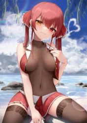 Rule 34 | 1girl, beach, breasts, breasts apart, brown leotard, brown thighhighs, closed mouth, cloud, covered navel, cropped jacket, day, hair between eyes, hair ribbon, heart, heterochromia, highres, hololive, houshou marine, jacket, large breasts, leotard, long hair, open clothes, open jacket, outdoors, palm leaf, pleated skirt, red eyes, red hair, red jacket, red ribbon, red skirt, ribbon, skirt, sleeveless, sleeveless jacket, solo, thighhighs, thomas 8000, twintails, virtual youtuber, wet, yellow eyes
