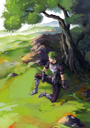 Rule 34 | 1boy, achilles (fate), armor, bad id, bad pixiv id, changye, fate/apocrypha, fate/grand order, fate (series), field, gloves, green hair, male focus, pauldrons, polearm, shoulder armor, sitting, solo, spear, tree, weapon