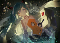 Rule 34 | 1girl, absurdres, black skirt, blue eyes, closed mouth, commentary request, dutch angle, fingerless gloves, gloves, green hair, green nails, hair between eyes, hatsune miku, highres, huge filesize, leotard, long hair, long sleeves, looking at viewer, nail polish, odds &amp; ends (vocaloid), omutatsu, orange leotard, pleated skirt, robot, skirt, sleeves past wrists, smile, solo, twintails, very long hair, vocaloid, white gloves