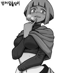 Rule 34 | 1girl, arm across waist, arm between breasts, belt, between breasts, breasts, breath, capelet, creatures (company), crop top, eyelashes, finger to own chin, game freak, gardenia (pokemon), greyscale, large breasts, long sleeves, looking at viewer, monochrome, navel, nintendo, nutkingcall, parted lips, pinky out, pokemon, pokemon dppt, shirt, short hair, sidelocks, simple background, solo, stomach, sweat, translation request, turtleneck, white background